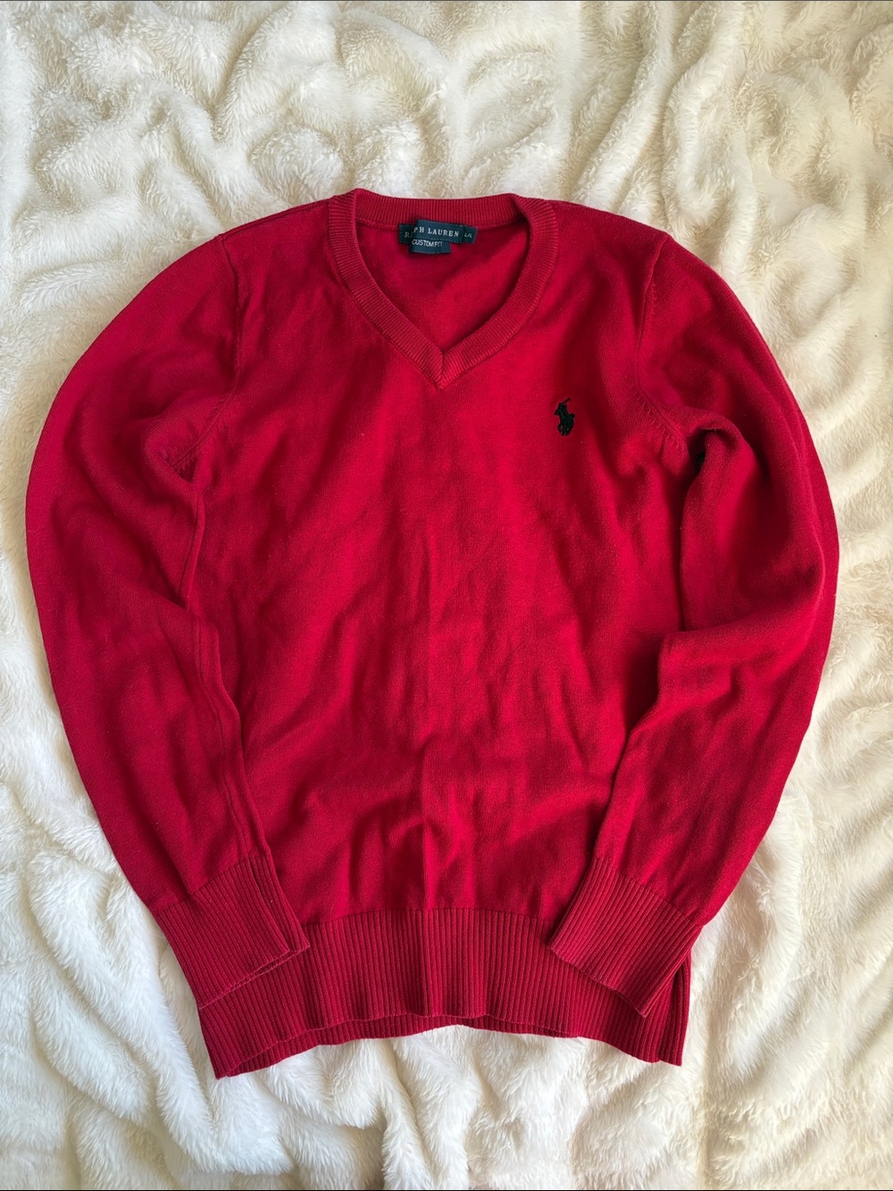 Polo by Ralph Lauren Red V-Neck Sweater with Black Logo